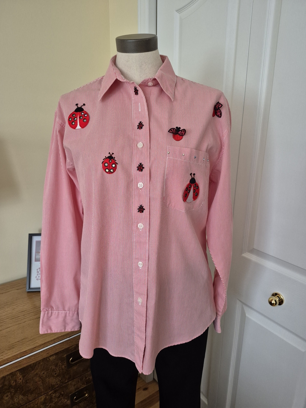 Pink Stripe Button-Up Shirt with Ladybug Embroidery